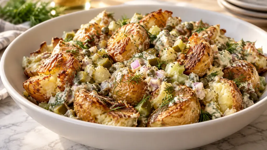 Crispy smashed potato salad with golden potato edges, dill pickles, celery, and creamy Dijon dressing