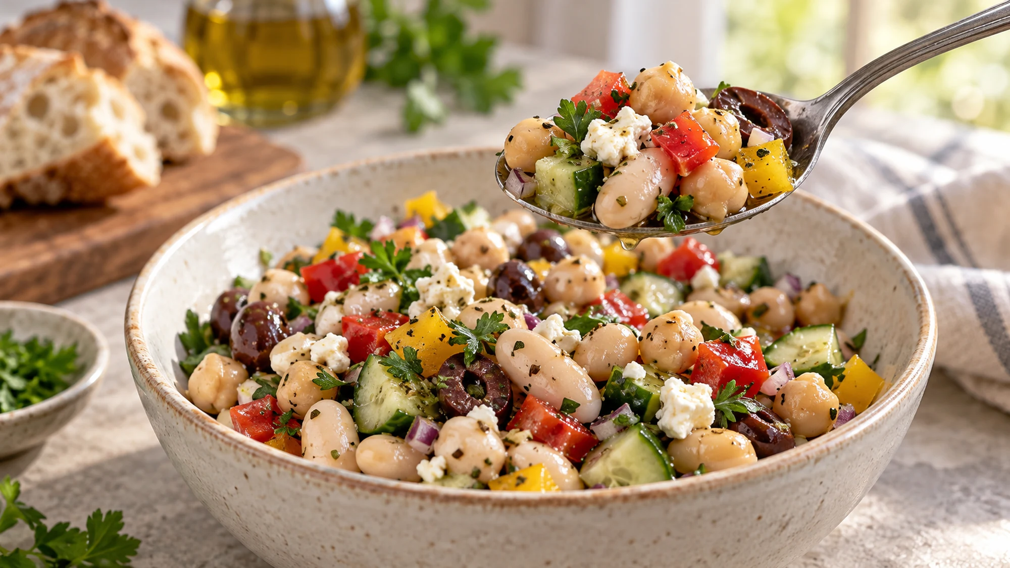 Spoon lifting white beans and chickpeas with crunchy vegetables and crumbled feta