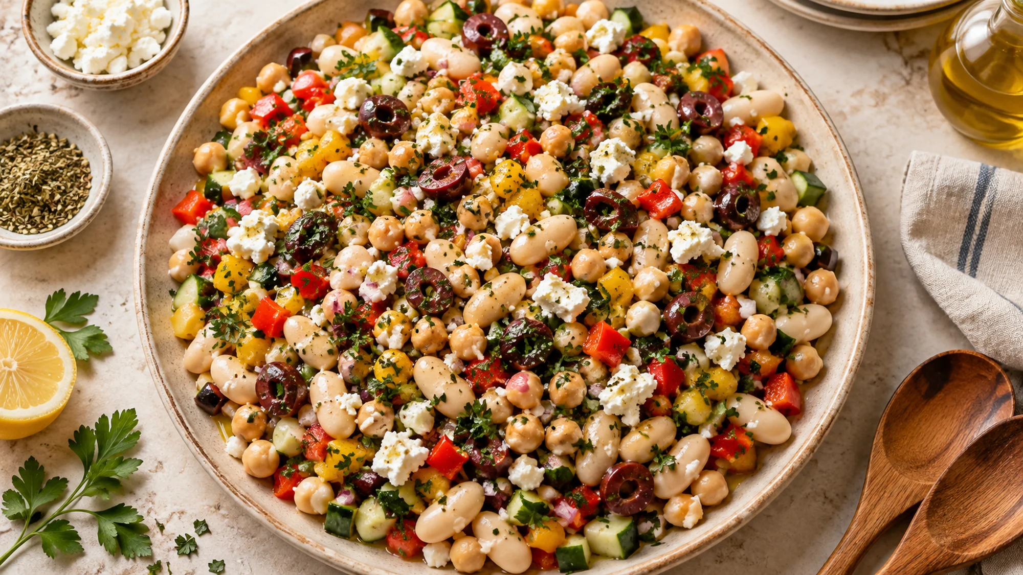 Overhead view of colorful dense bean salad on a shallow platter