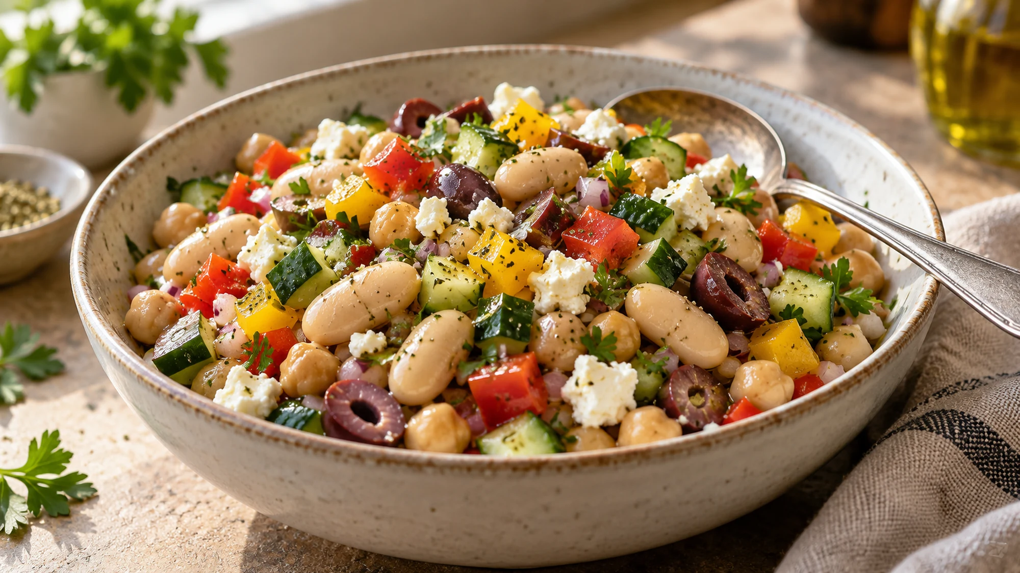 Individual bowl of bean salad with parsley and oregano vinaigrette