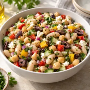 Square close view of chickpea and cannellini salad with diced red and yellow peppers