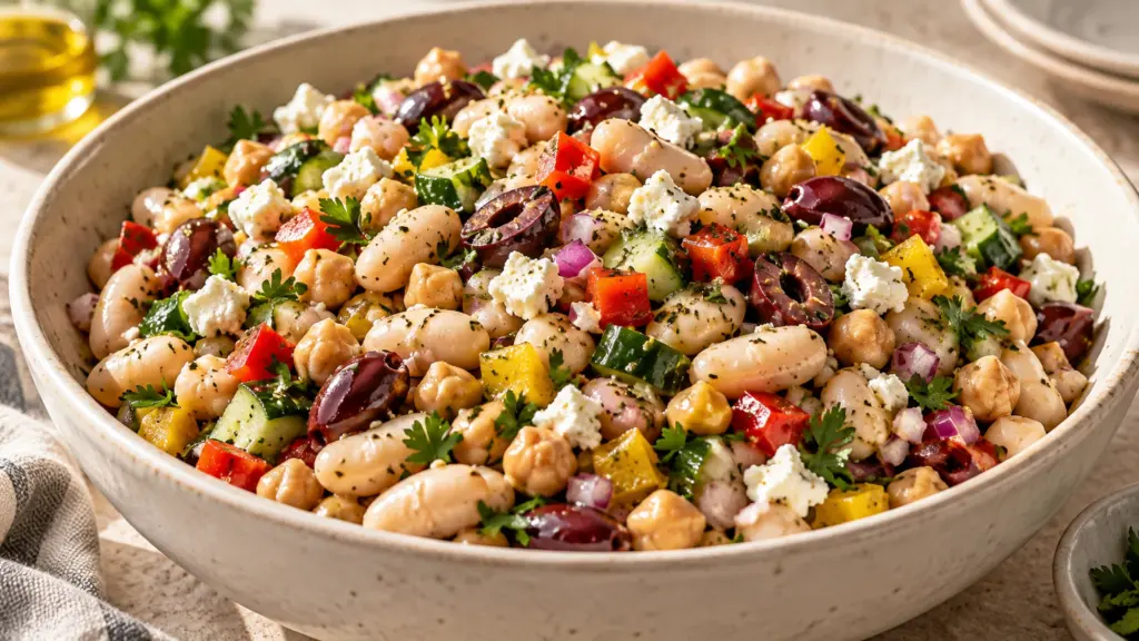 Dense bean salad with chickpeas, cannellini beans, diced peppers, cucumber, olives, and feta