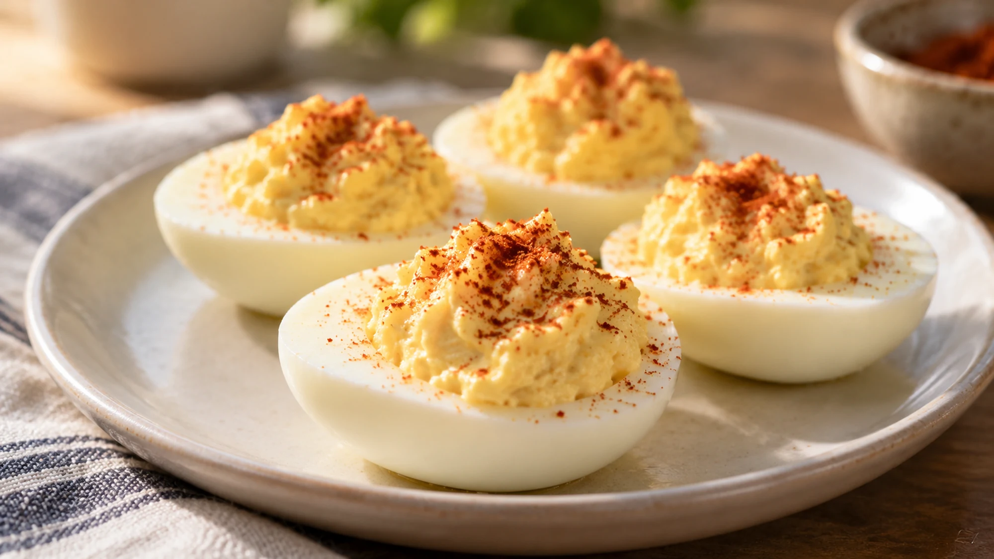 Close view of deviled egg halves with soft spooned yolk filling