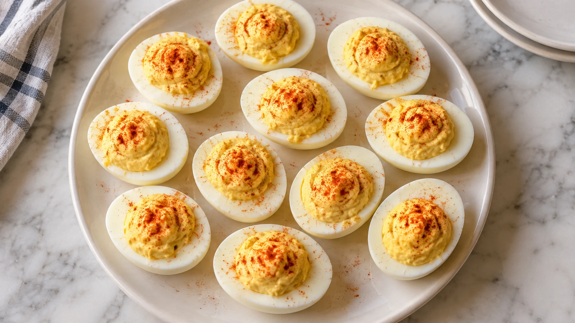 Overhead platter of deviled eggs dusted with sweet paprika
