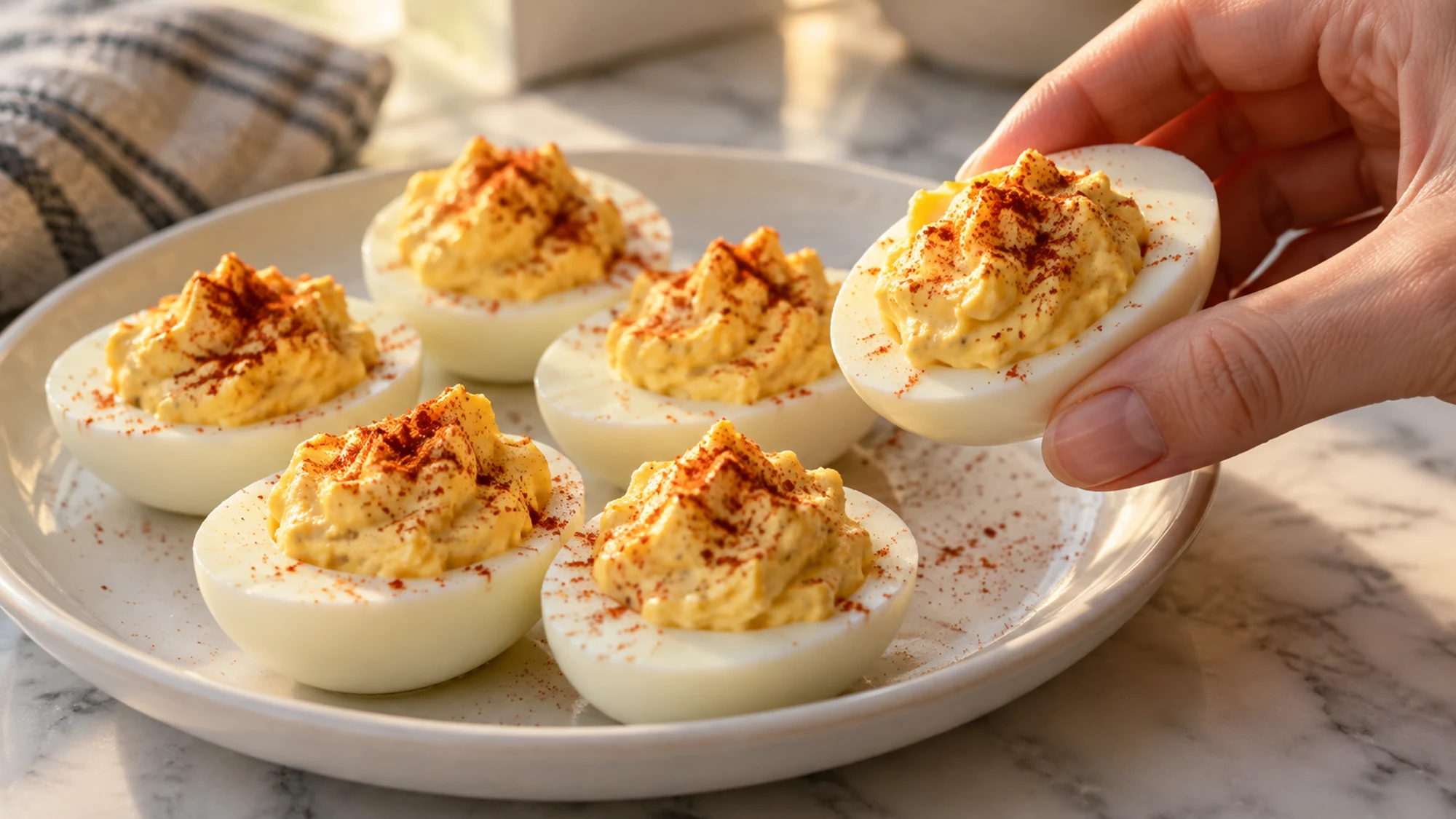 A hand lifting one finished deviled egg from a serving plate