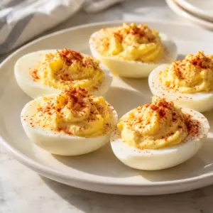 Square close view of classic deviled egg halves with creamy filling