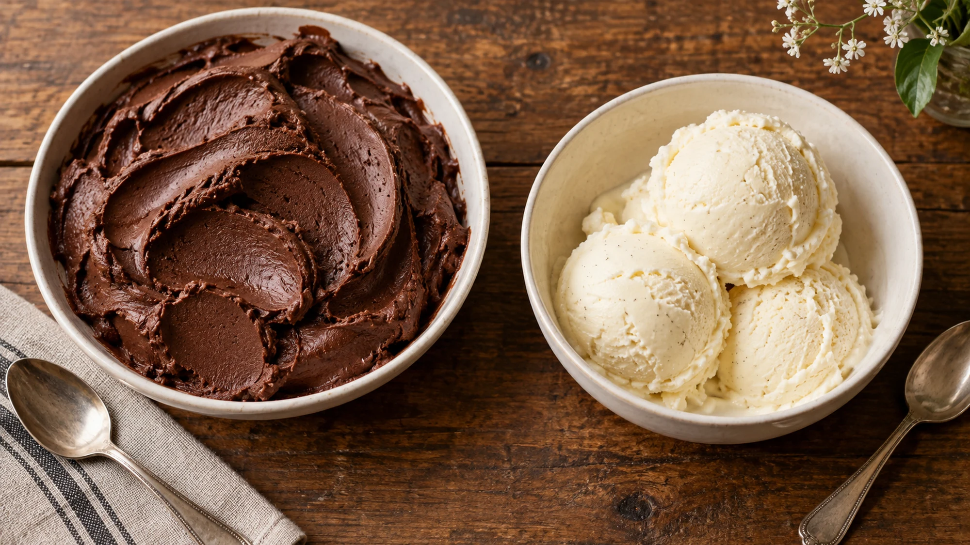 Smooth chocolate gelato beside round vanilla ice cream scoops
