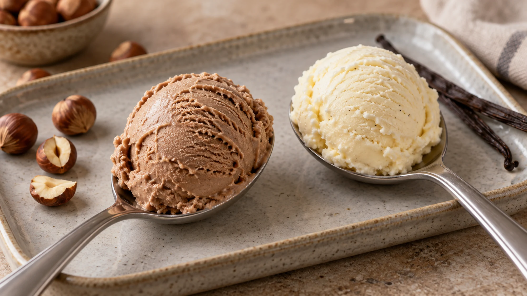 Hazelnut and vanilla frozen dessert scoops resting on metal spoons
