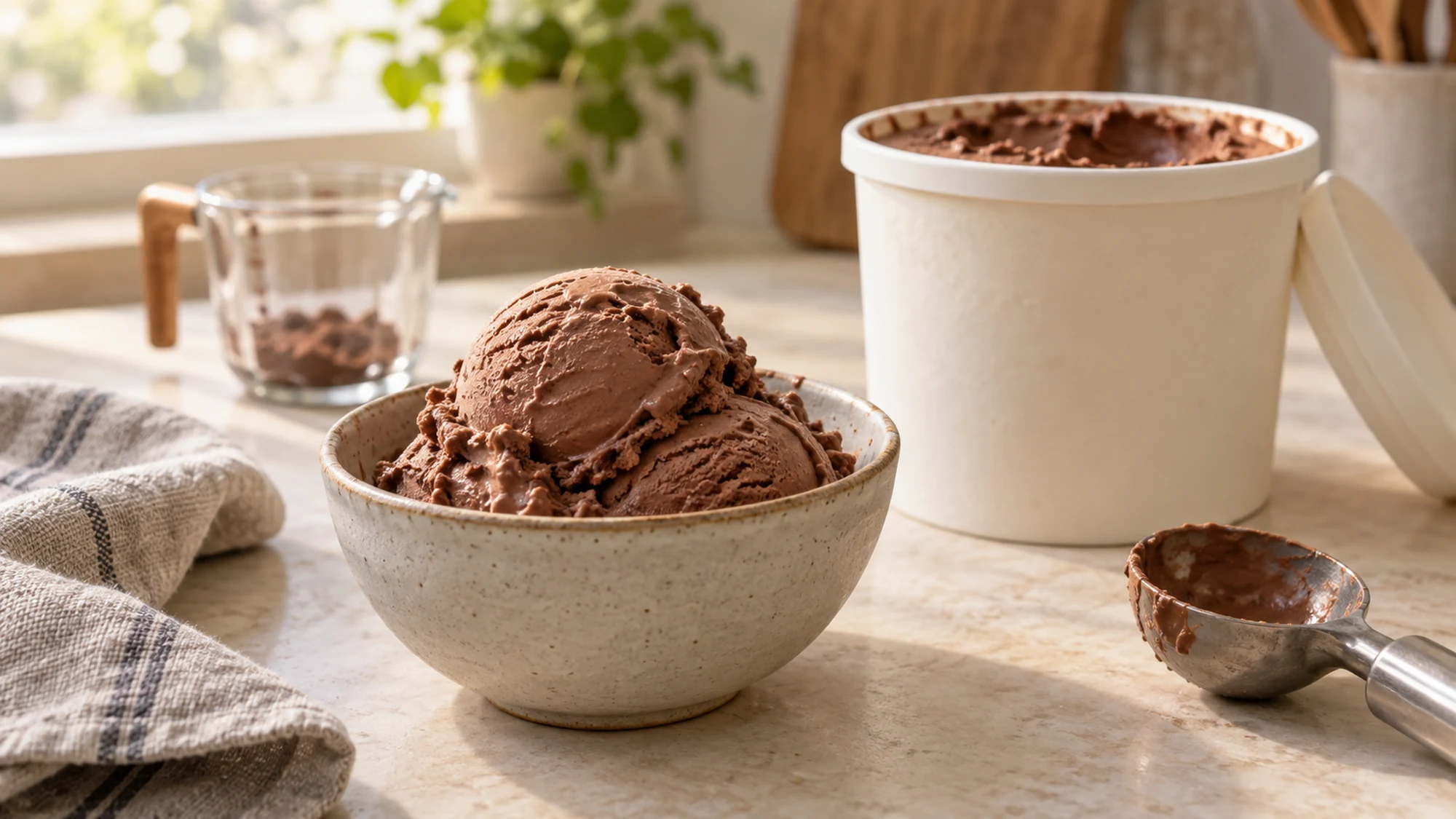 Chocolate frozen dessert in a bowl beside an unmarked carton