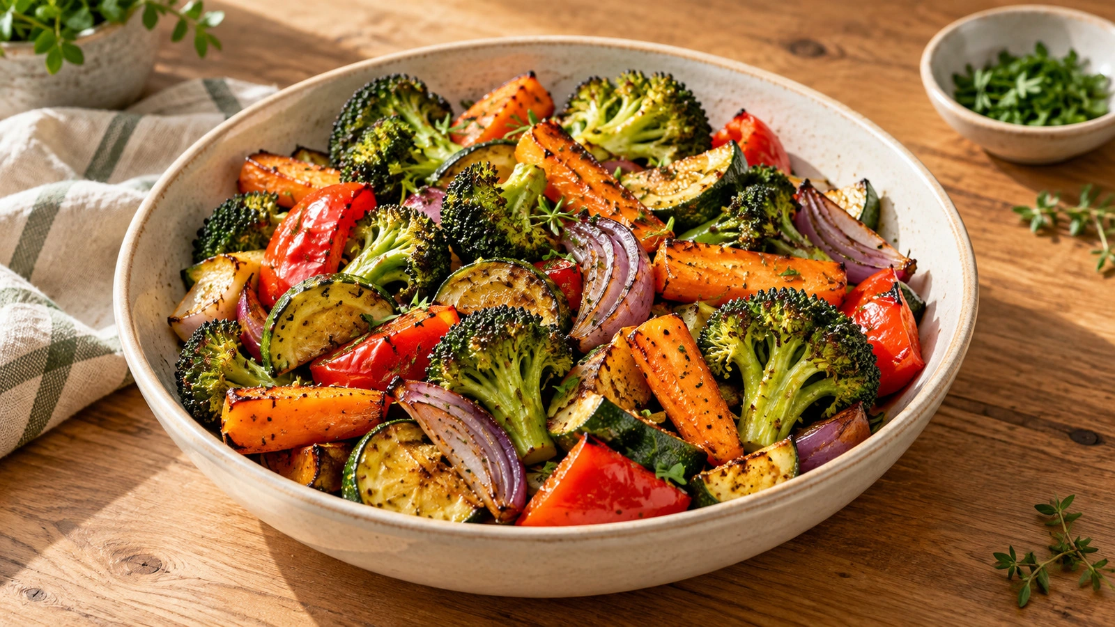 Roasted carrots, broccoli, bell peppers, zucchini and red onion in a cream serving bowl.