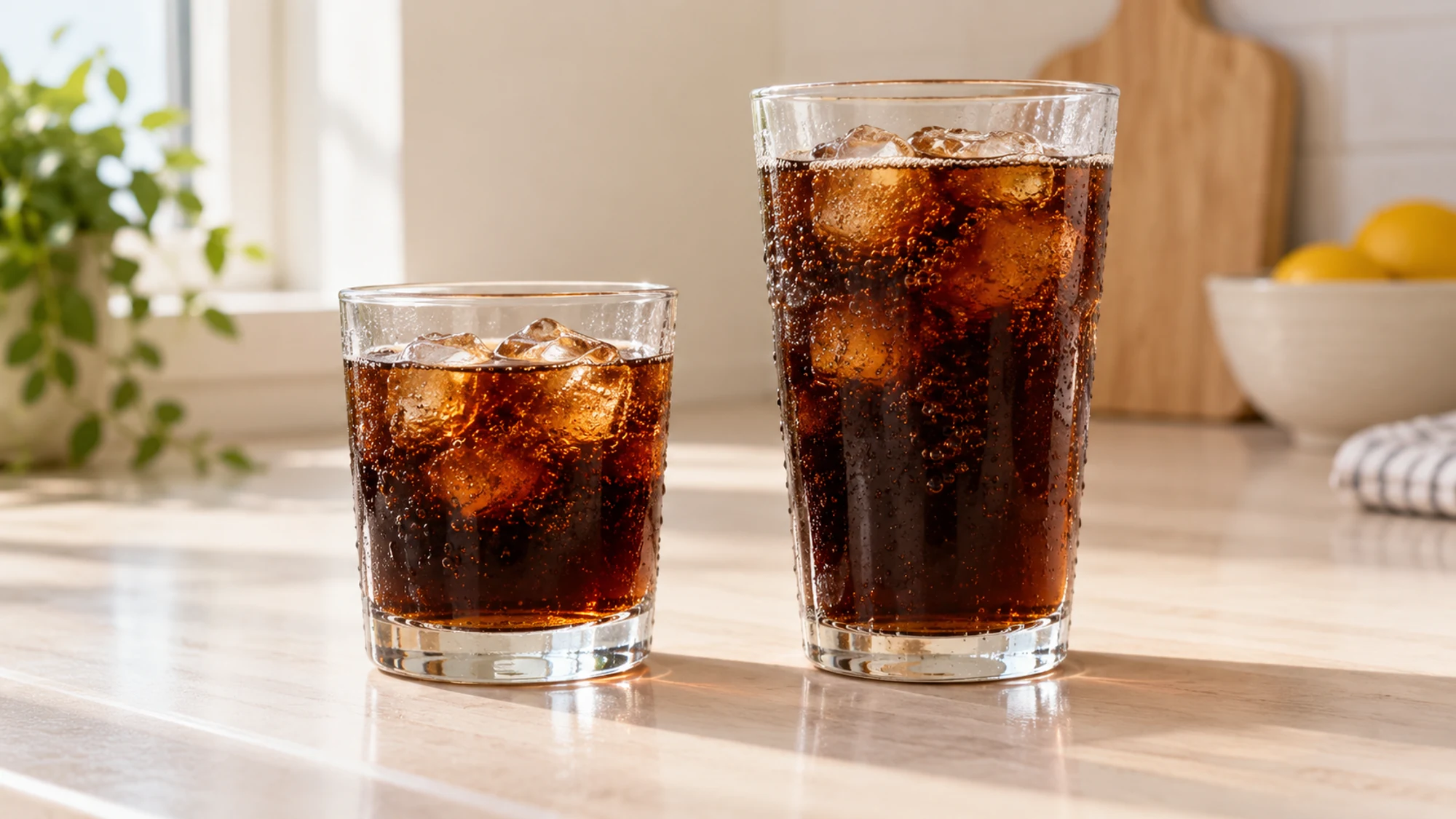 Two different-sized glasses of cola on a pale counter