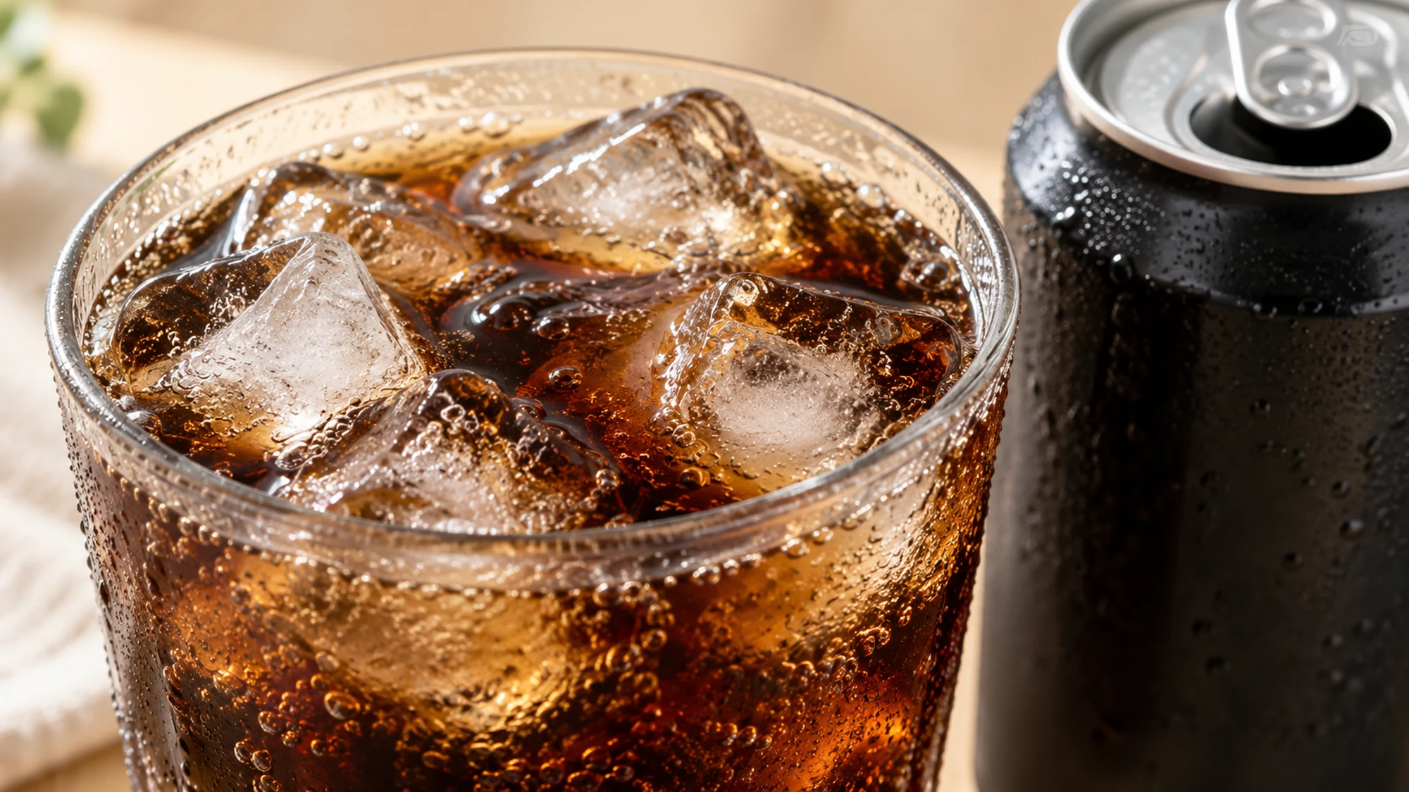 Close view of cola bubbles and ice beside an opened unprinted can