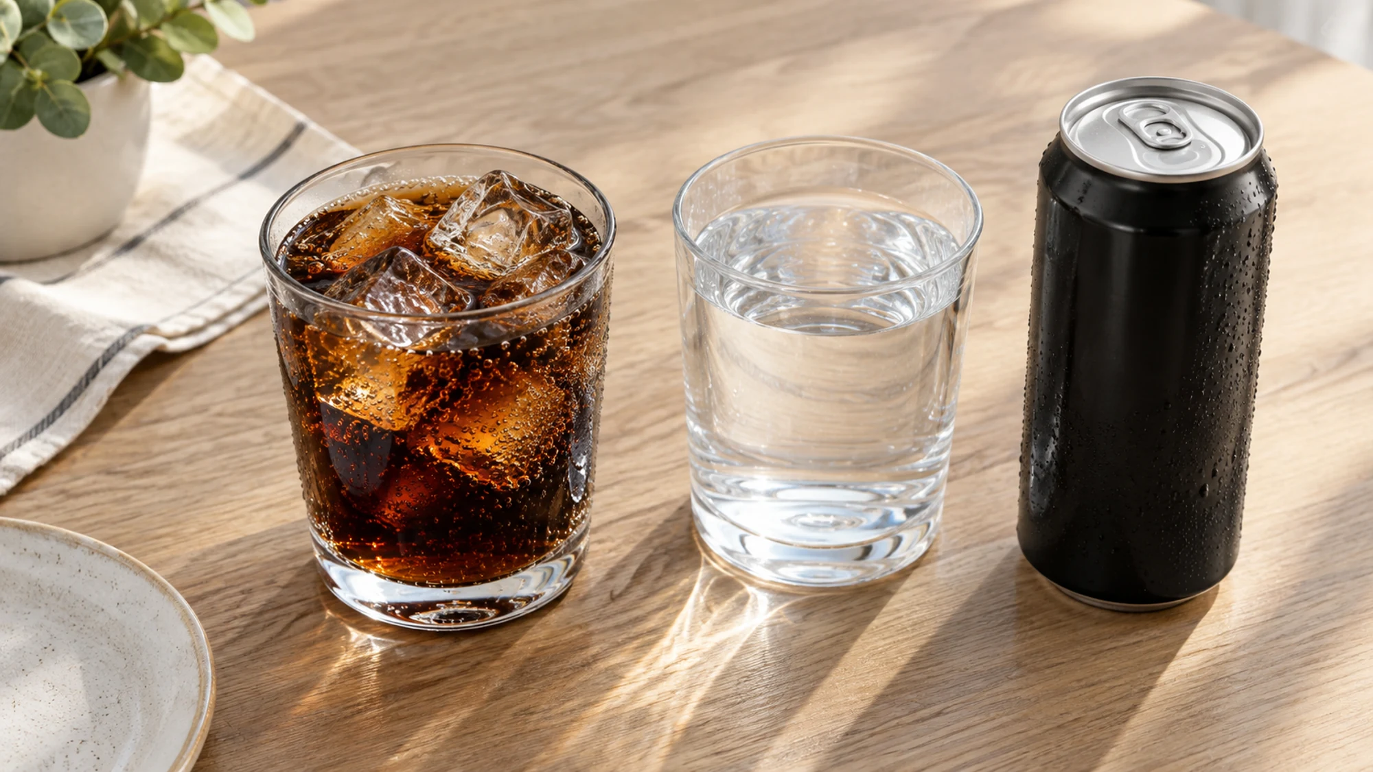 Cola, a clear glass of water and an unprinted black can