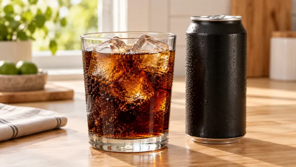 Glass of dark cola with ice beside a plain black beverage can