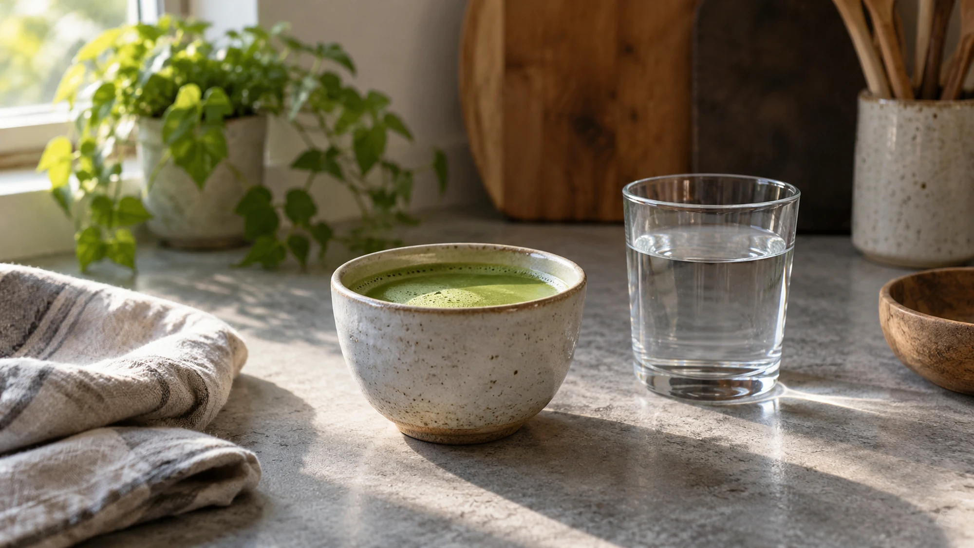 A modest matcha drink beside a clear glass of water