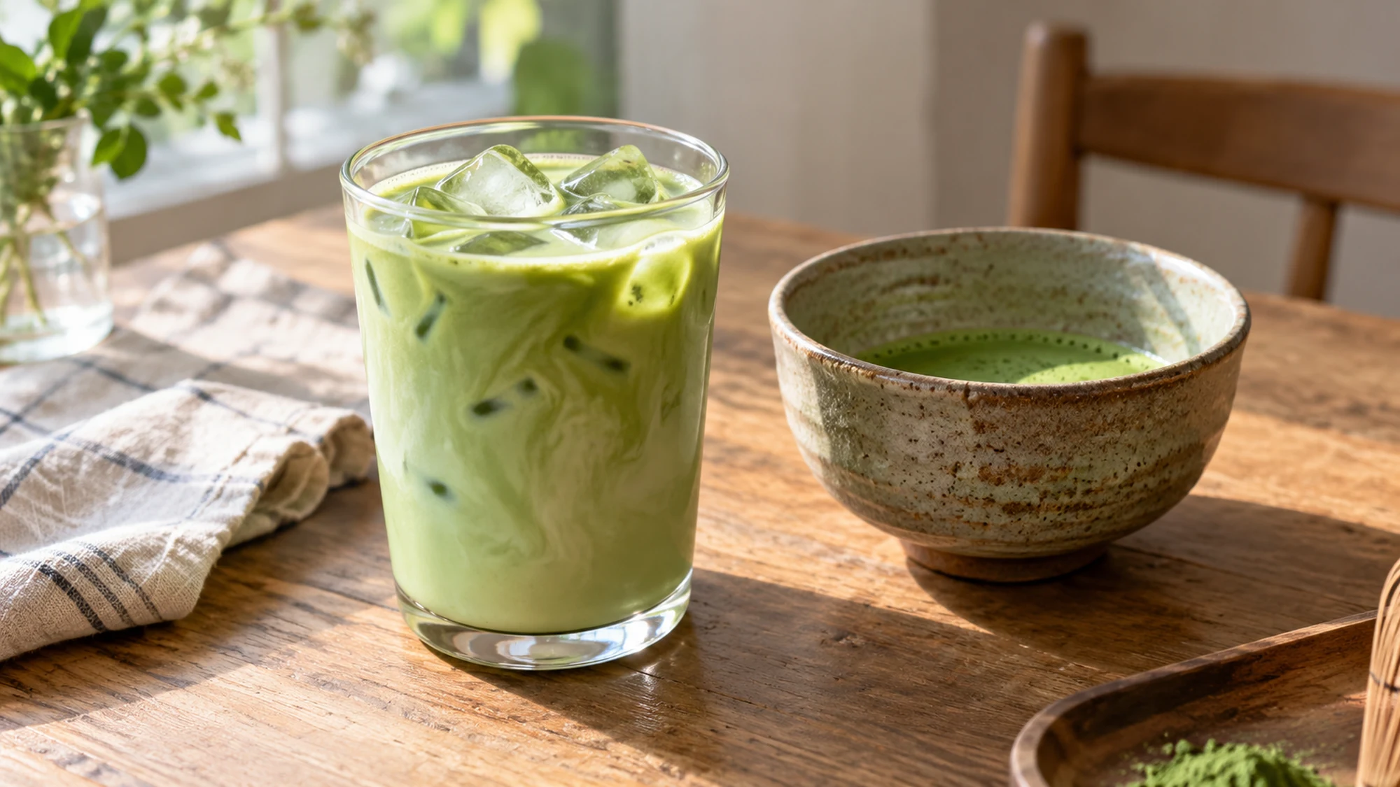 An iced matcha latte beside a small bowl of matcha