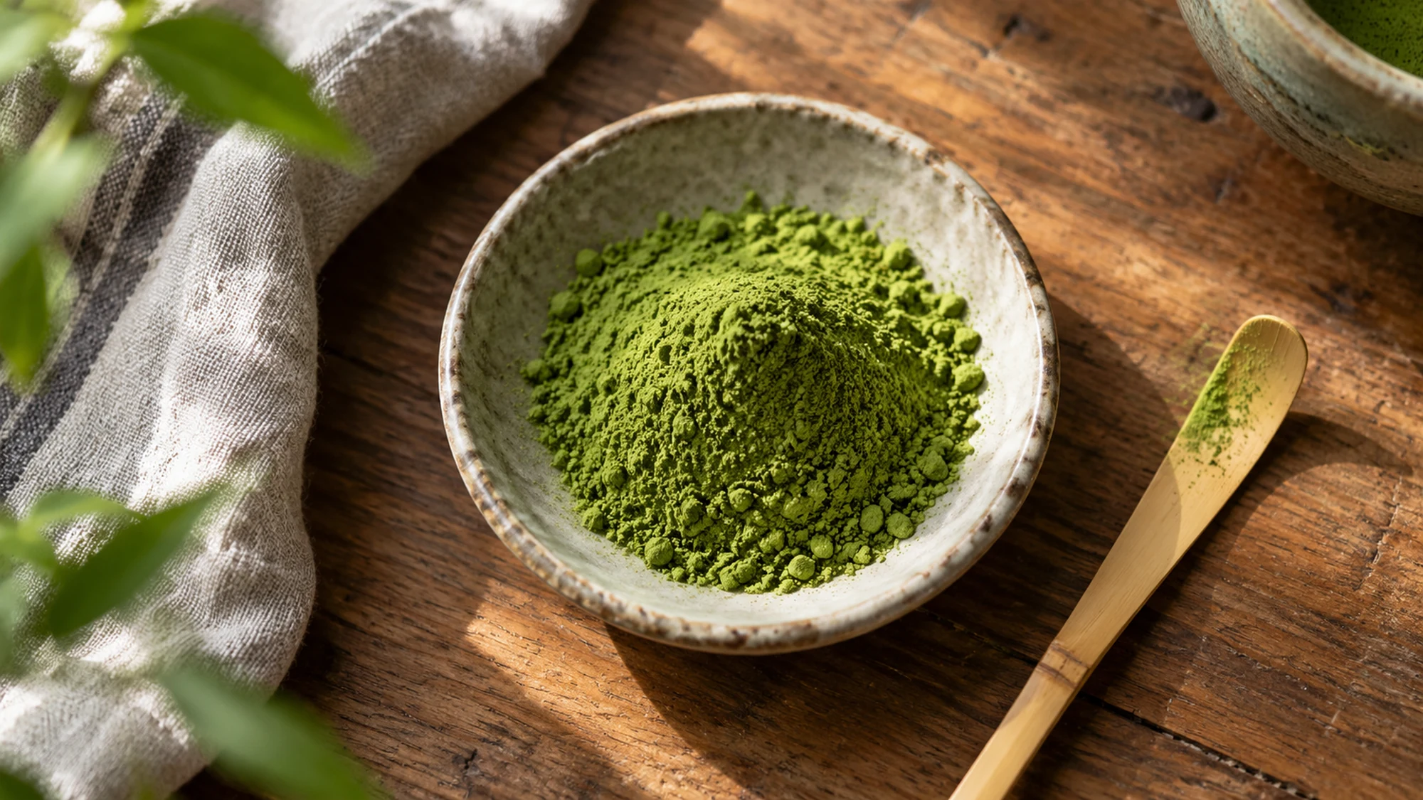 A small dish of matcha powder and a scoop on a kitchen table