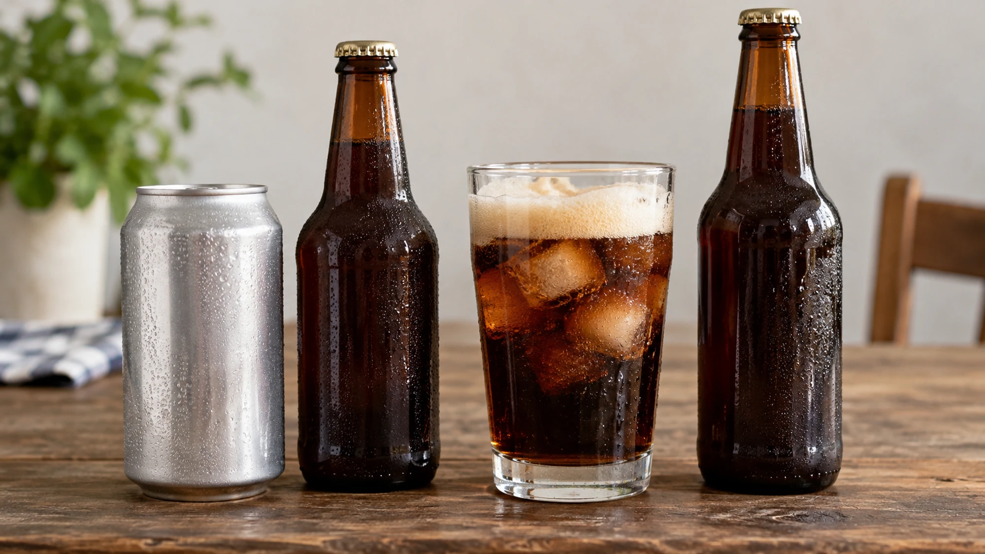 Plain soda cans and brown bottles beside a glass of root beer