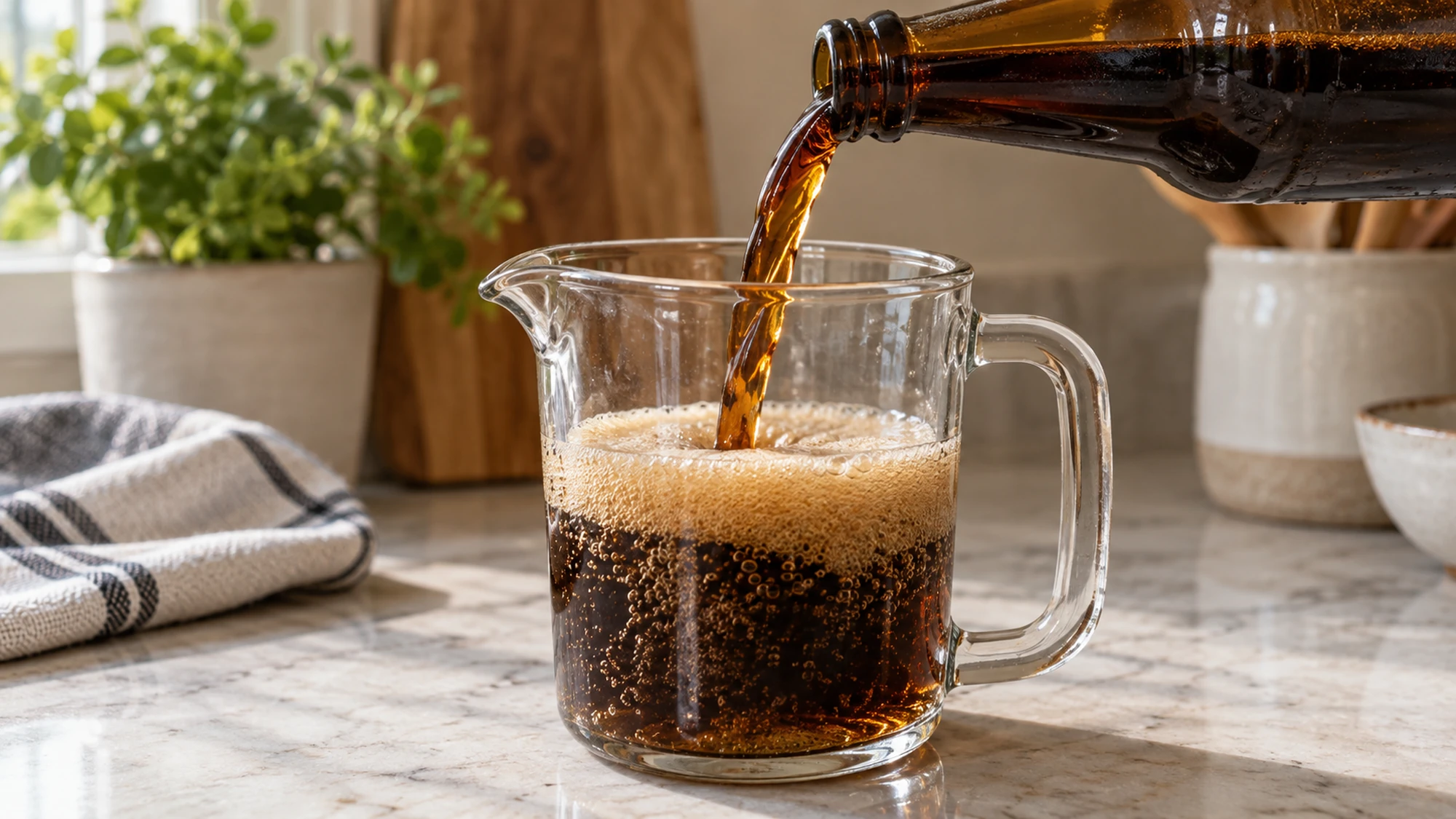 Root beer pouring from a brown bottle into a clear jug