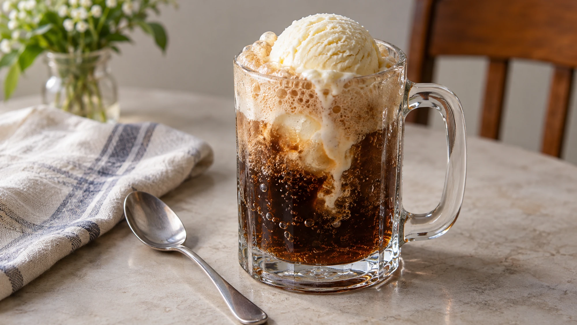 A root beer float with a scoop of vanilla ice cream