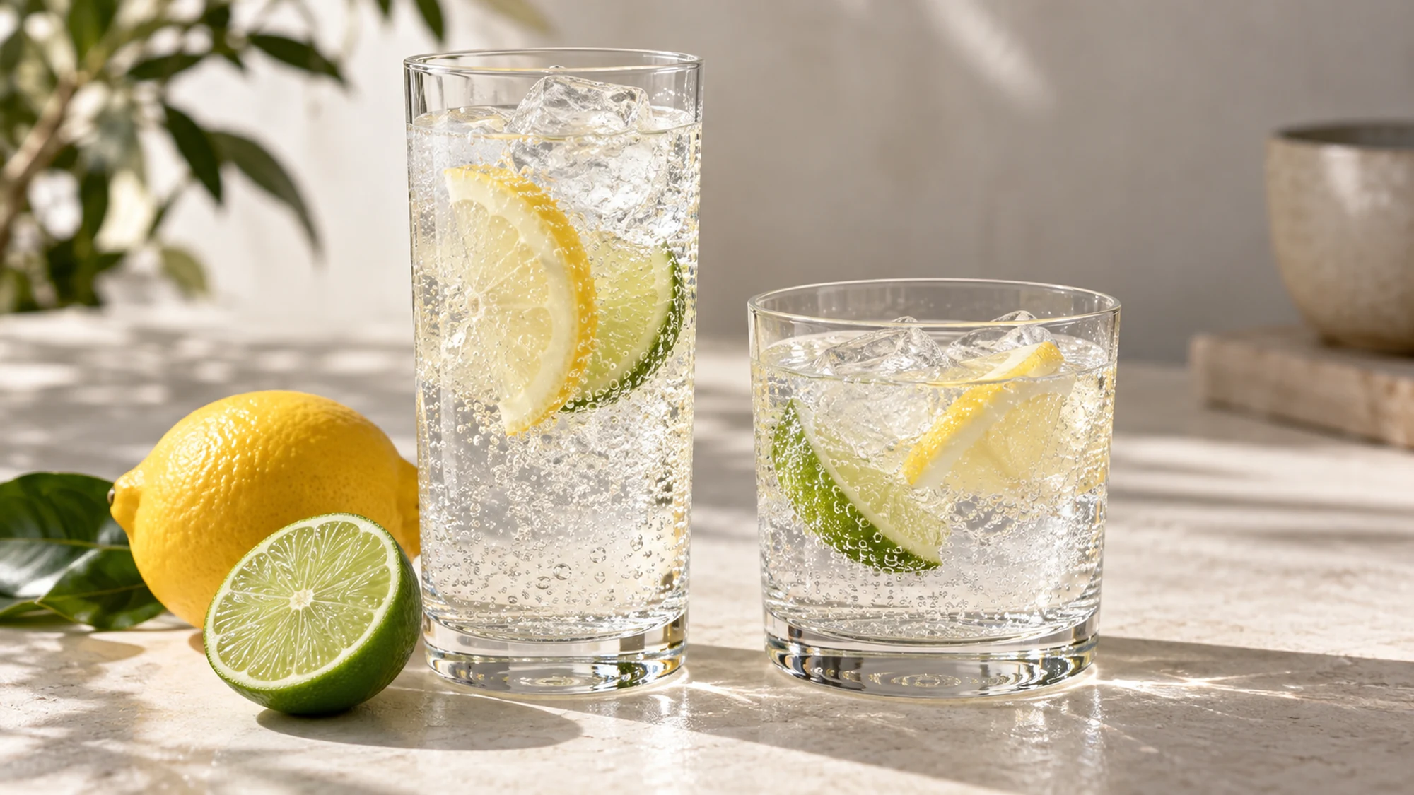 Tall and short glasses of clear fizzy citrus drinks beside lemon and lime