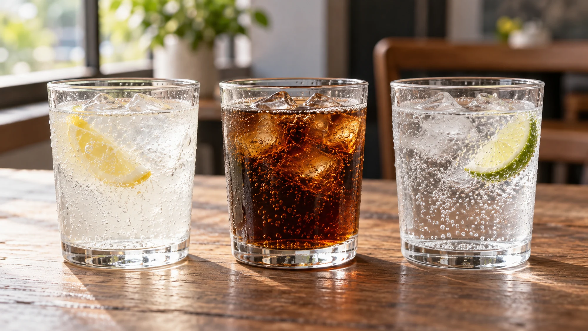 Equal-sized glasses of clear citrus soda, brown cola, and sparkling water