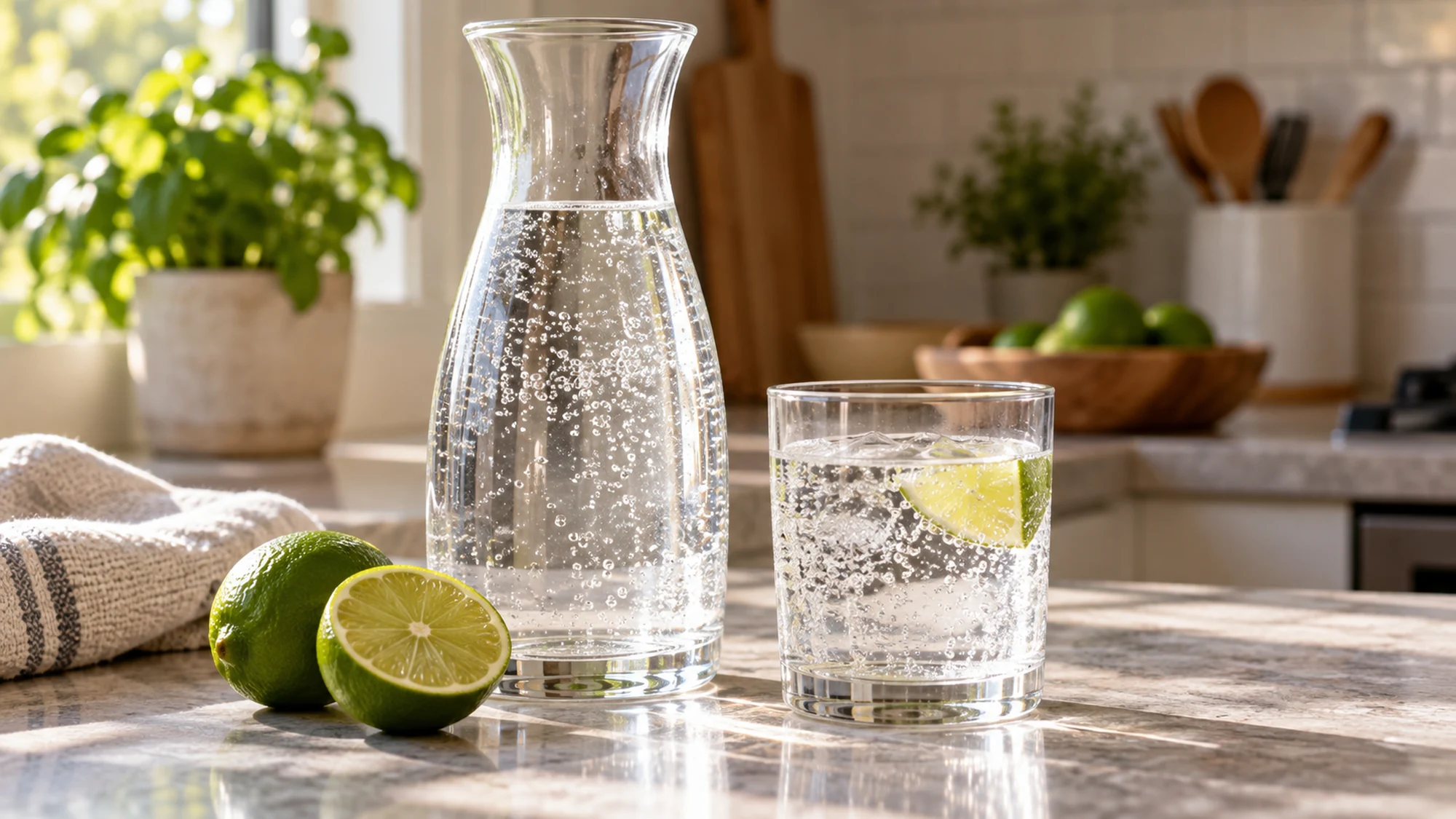 Sparkling water in a clear carafe and tumbler beside fresh lime halves