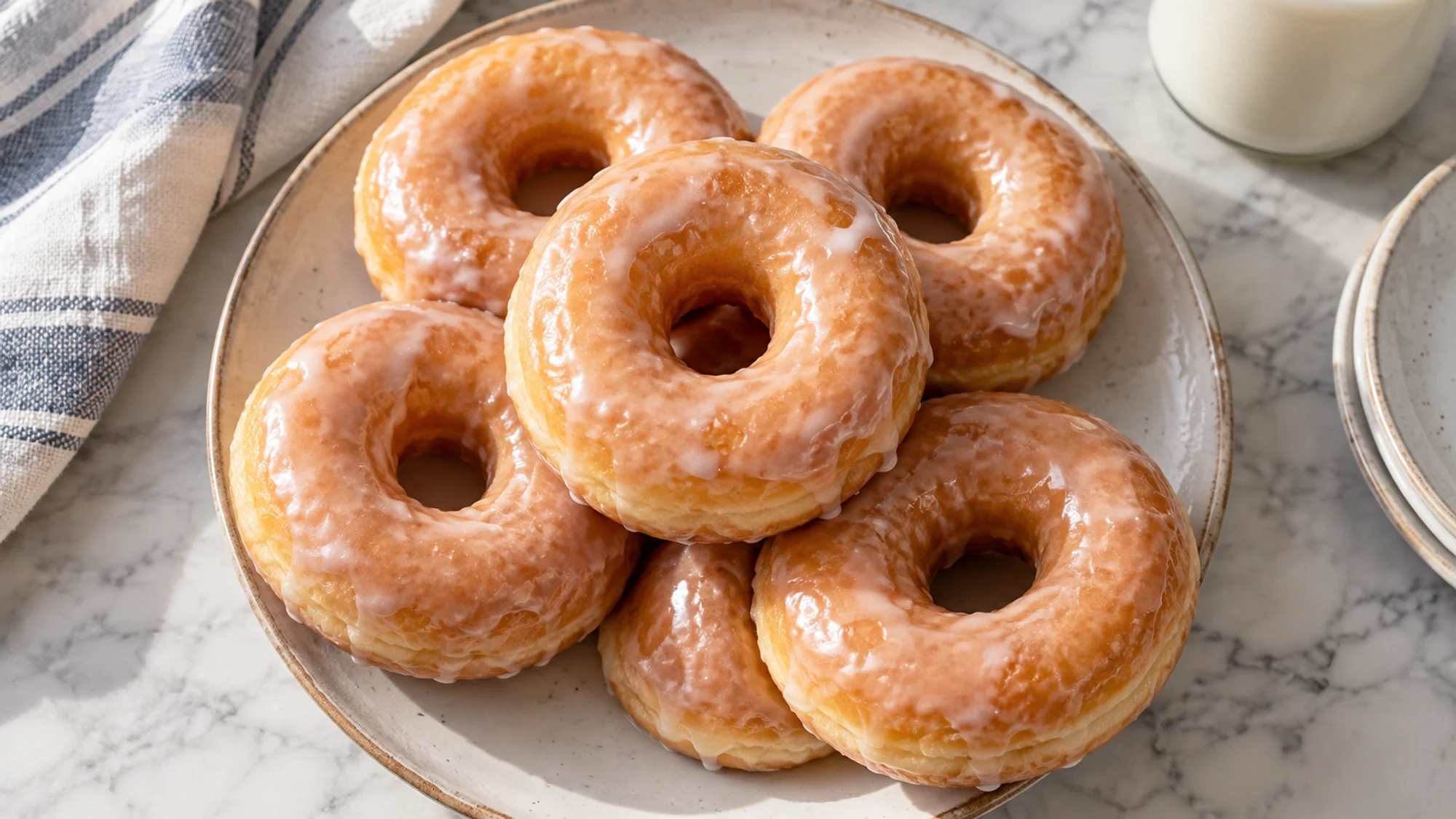 Plate of thinly glazed vanilla ring donuts