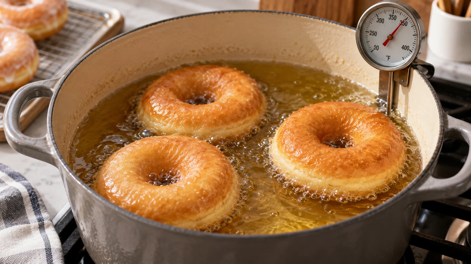 Yeast donut rings frying golden in a heavy pot