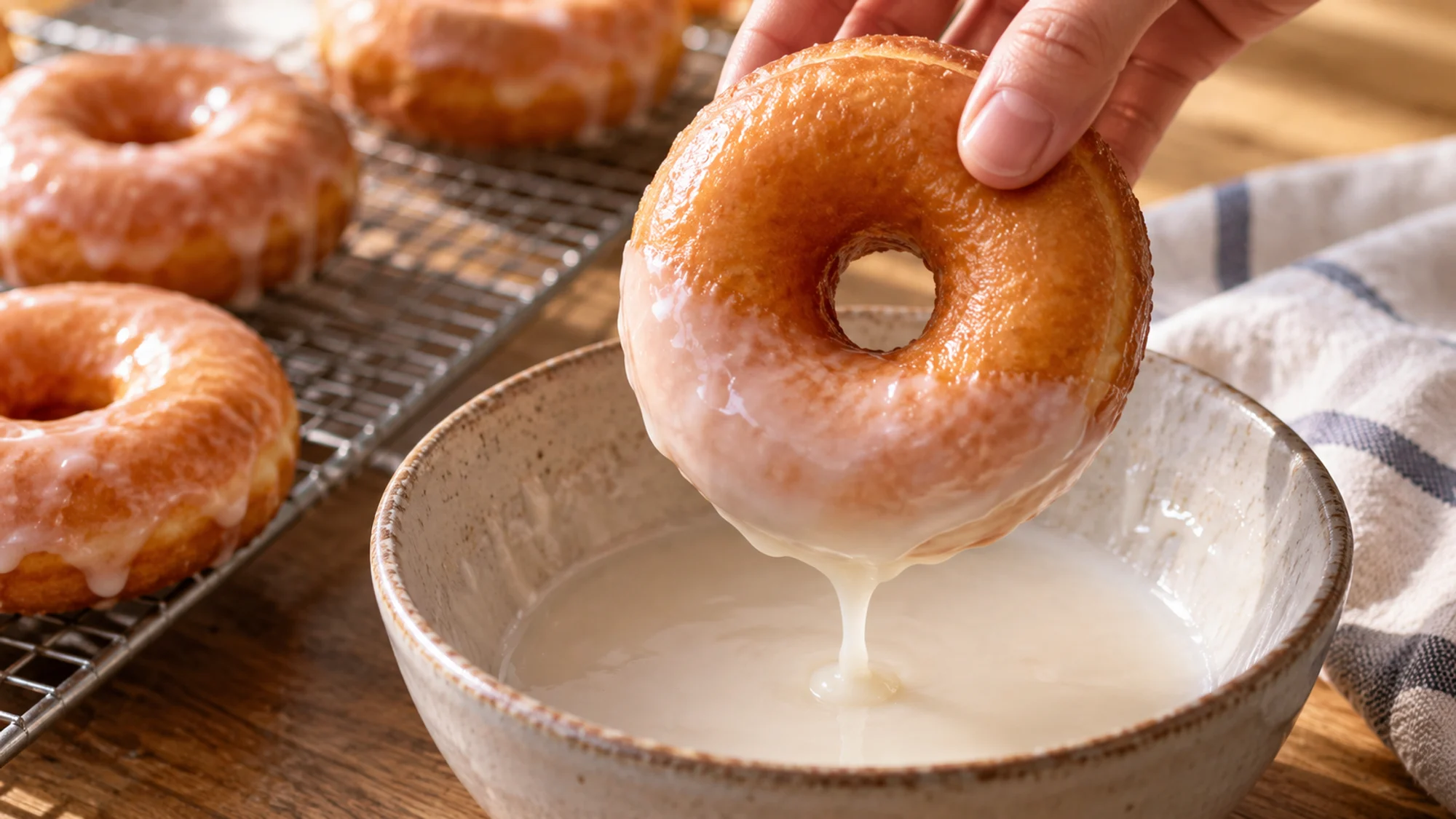 Warm donut dipped in thin vanilla glaze