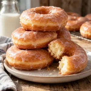 Golden glazed donuts with fluffy centers