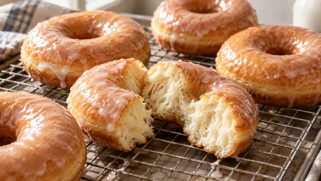 Glazed yeast donuts with a torn piece showing fluffy crumb