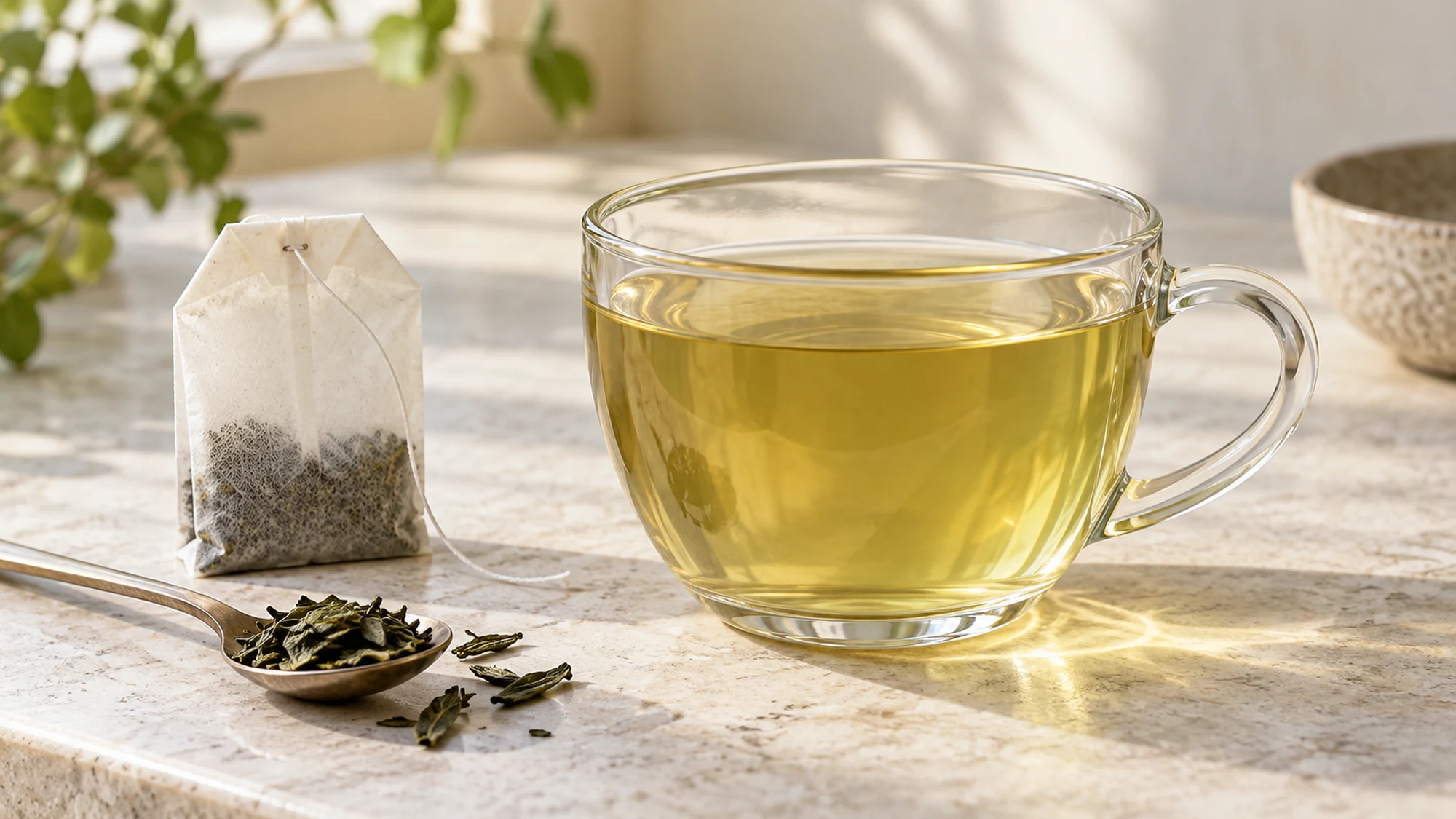Glass cup of light golden green tea beside a filter bag and spoon of tea leaves