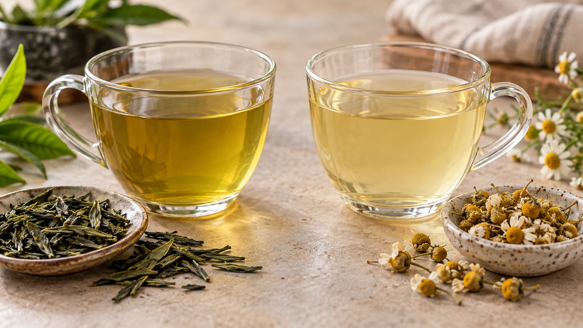 Green tea and chamomile infusion in clear cups beside their dry leaves and flowers