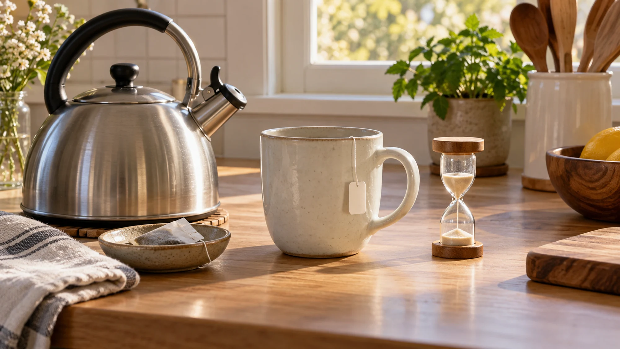 Stainless steel kettle, ceramic tea mug, and small sand timer on a kitchen counter
