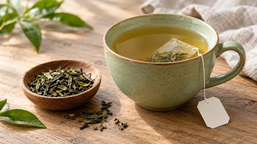 Pale green cup of golden green tea beside dry tea leaves and a plain tea bag tag