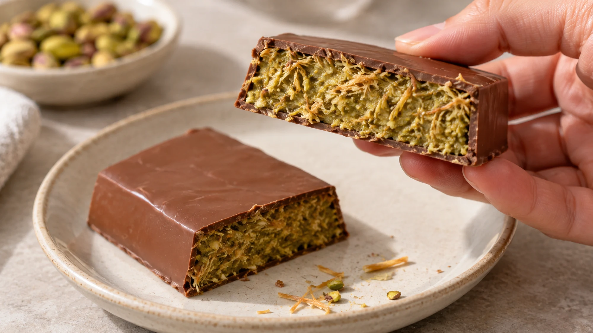 Hand holding a chocolate bar piece with green pistachio pastry filling visible
