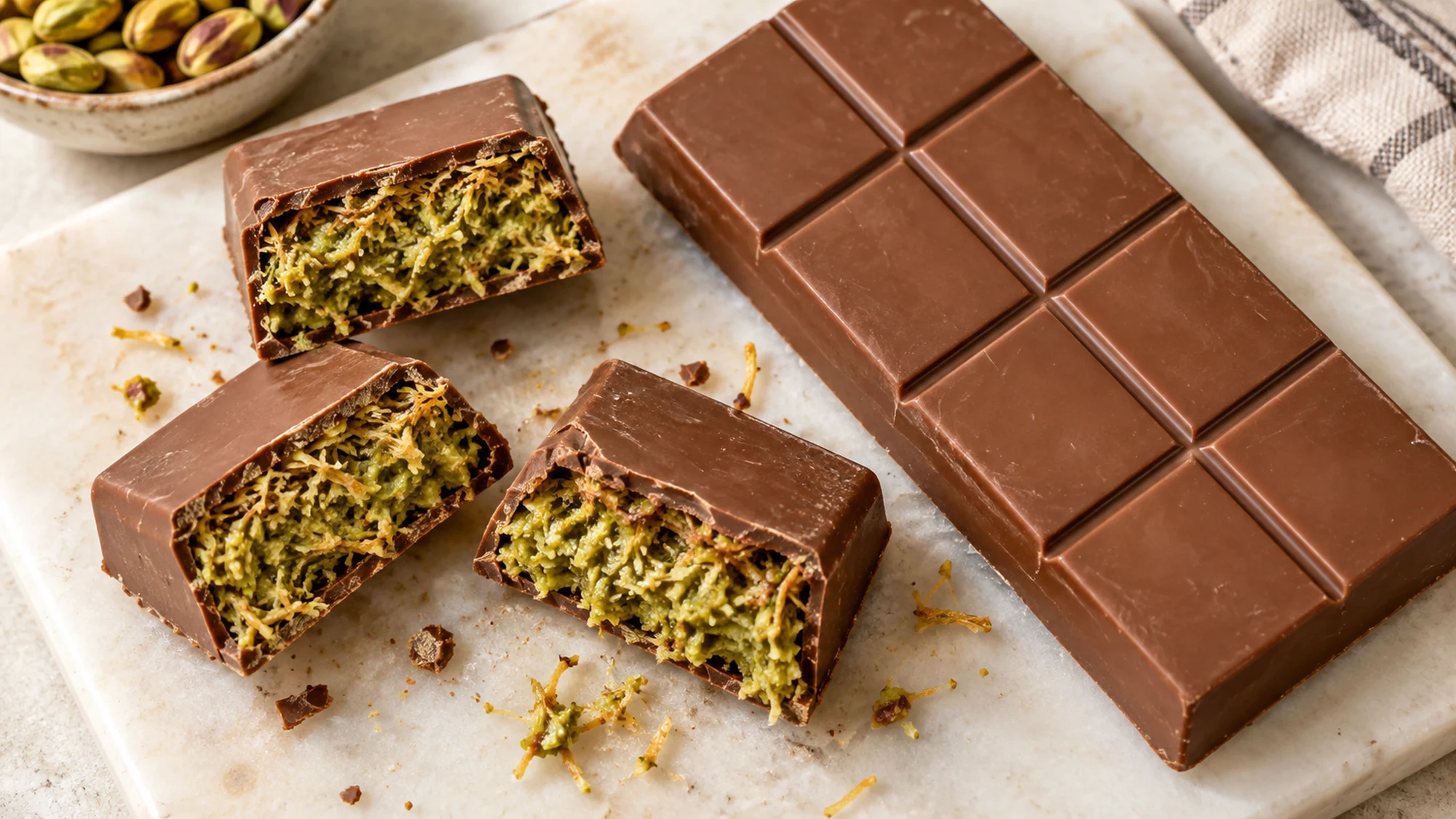 Overhead view of a scored chocolate bar and separate filled pieces