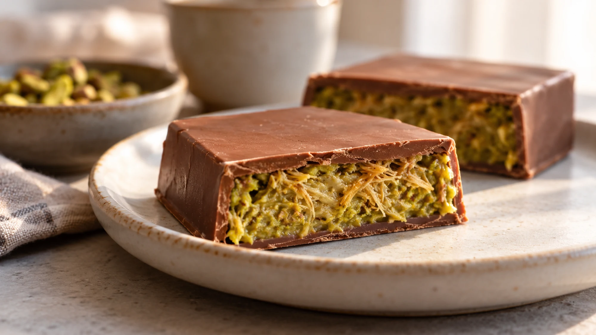 Close side view of milk chocolate around a textured pistachio kataifi center