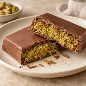 Square image of two broken Dubai chocolate bar pieces with crunchy pistachio filling