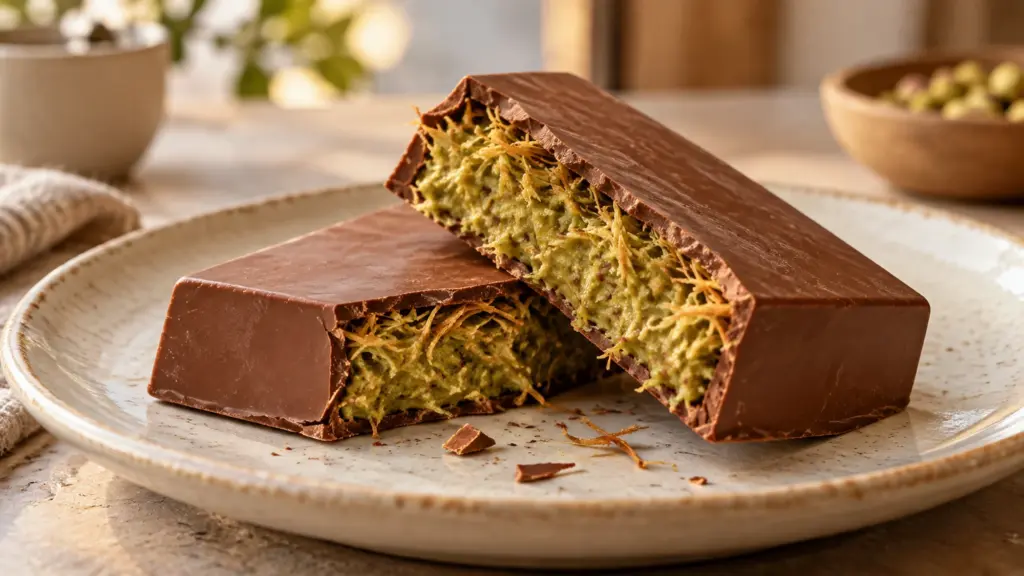 Plain milk chocolate bar broken open to show crunchy pistachio and toasted kataifi filling