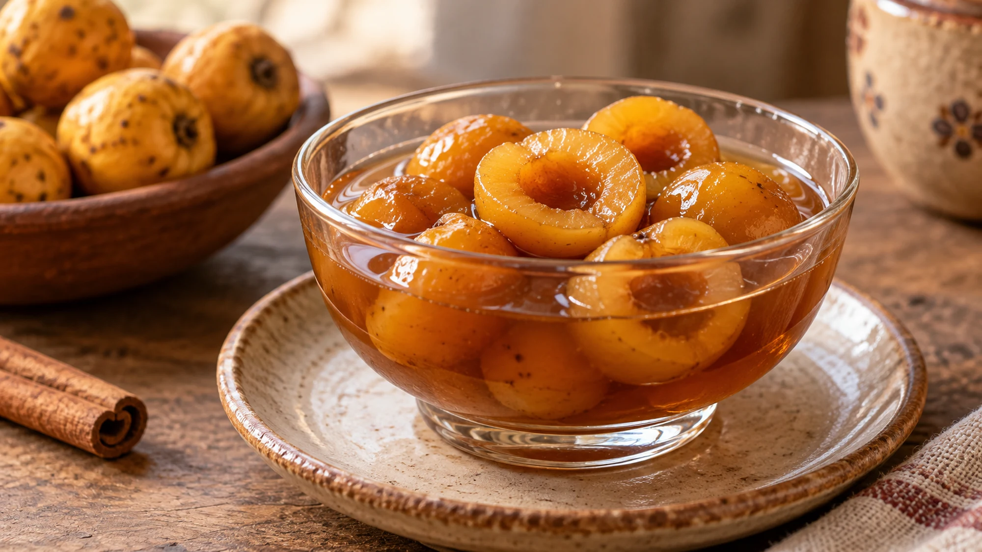 Small glass bowl of tender tejocote fruit and clear amber syrup