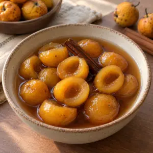 Square image of seeded tejocote halves in cinnamon piloncillo syrup