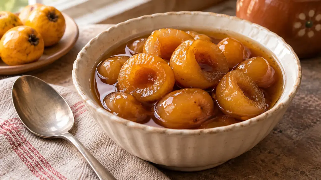 Tender peeled tejocote halves in amber cinnamon piloncillo syrup
