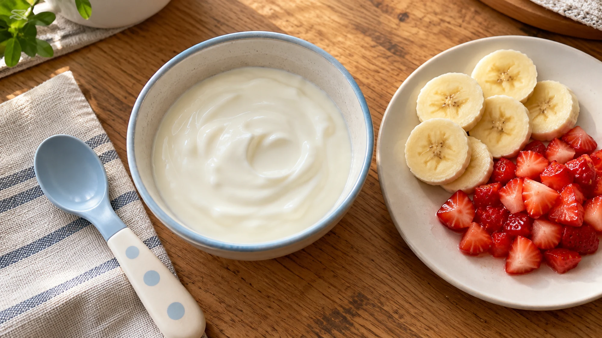 Plain yogurt beside sliced banana and chopped strawberries