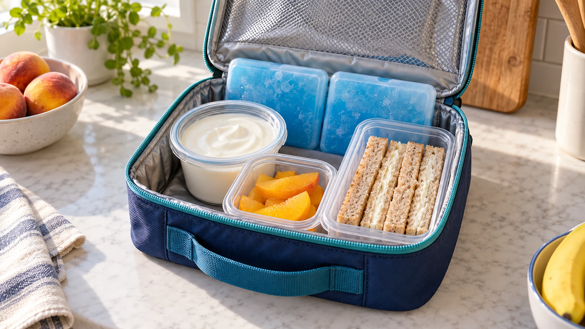 Yogurt, peach slices and soft sandwich strips packed with two cold packs in an insulated bag