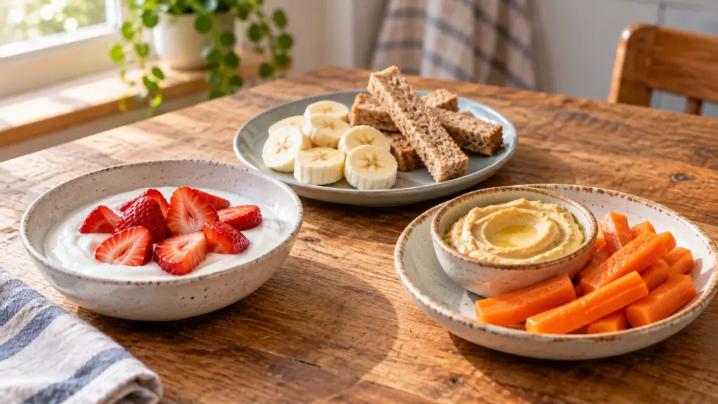 Small snack plates with yogurt and strawberries, banana and toast, and hummus with cooked carrots