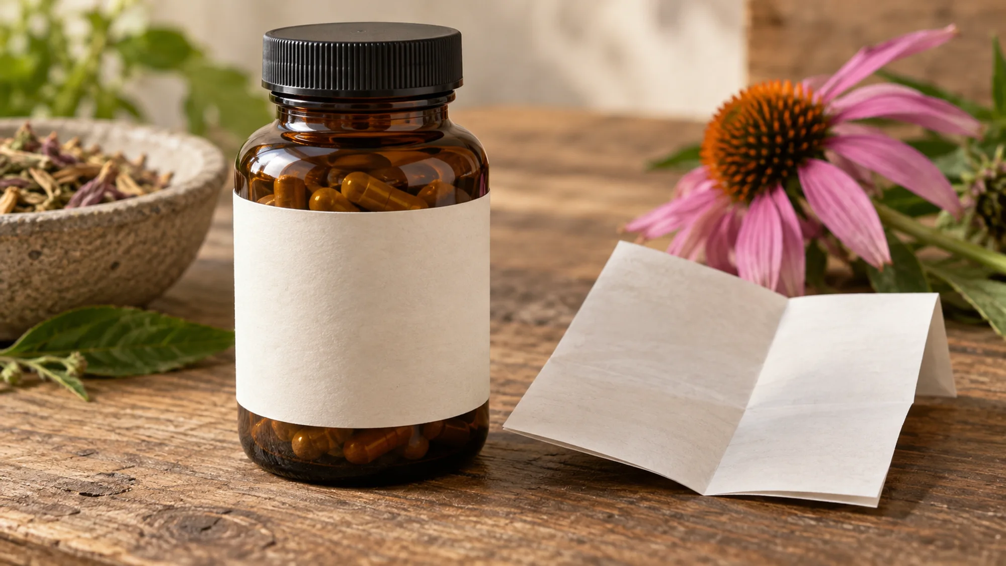 An amber herbal supplement bottle with a blank label beside a plain leaflet and echinacea flower
