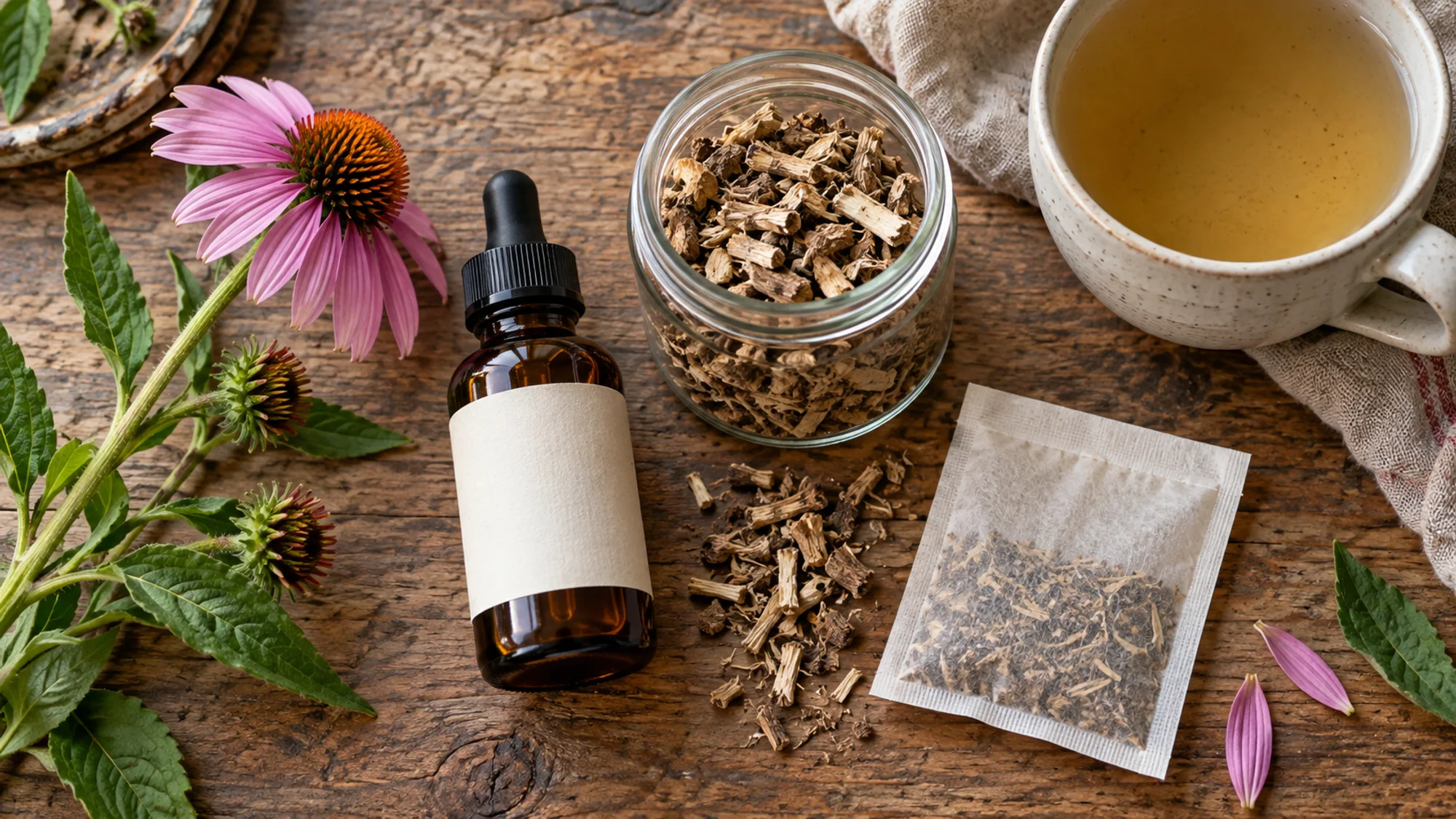 An echinacea extract bottle, dried root, tea sachet and herbal infusion
