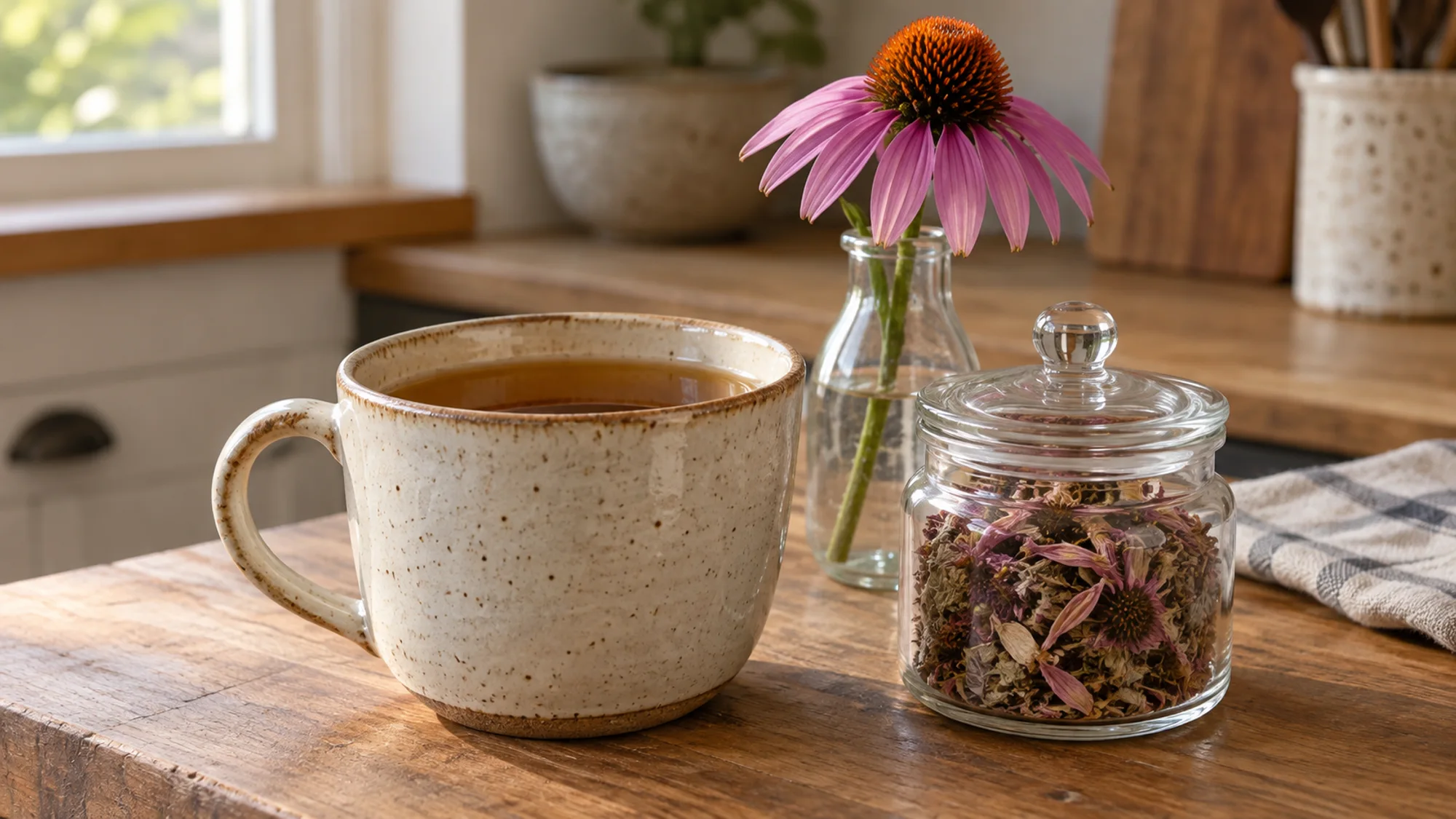 A ceramic cup of herbal infusion beside dried echinacea and a purple coneflower